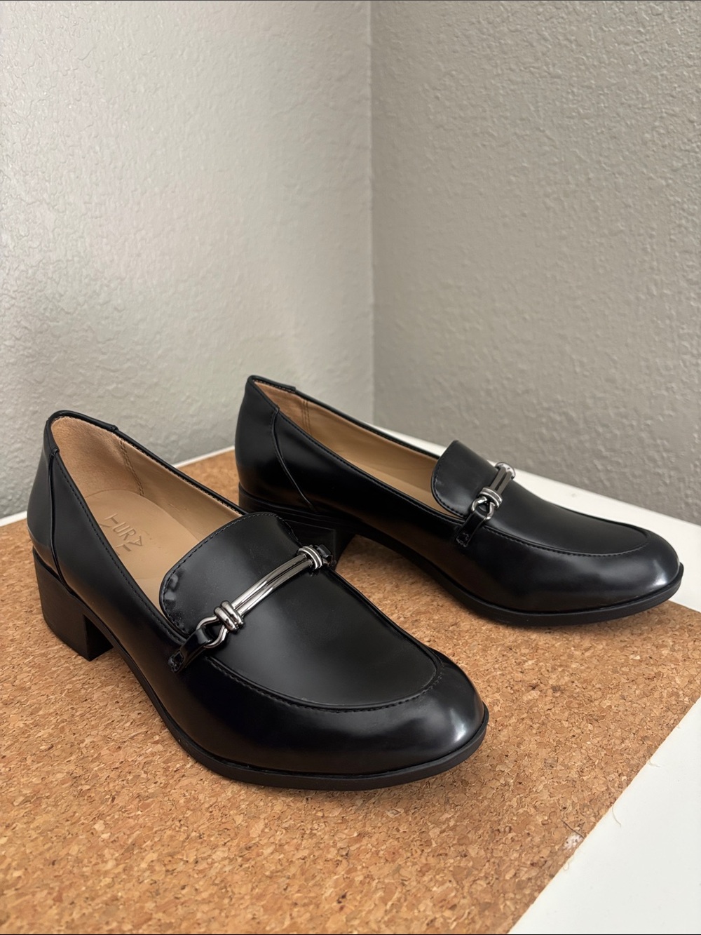 Black Leather Heeled Loafers with Silver Bit Hardware